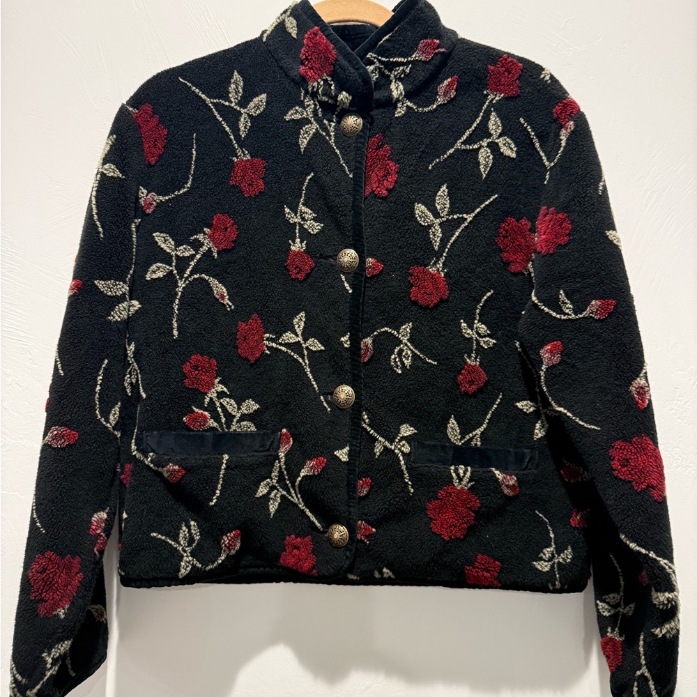 Vintage Tsunami Floral Black Fleece Jacket - Made in Canada